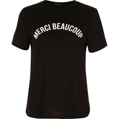Black &#39;merci beaucoup&#39; print fitted T-shirt
